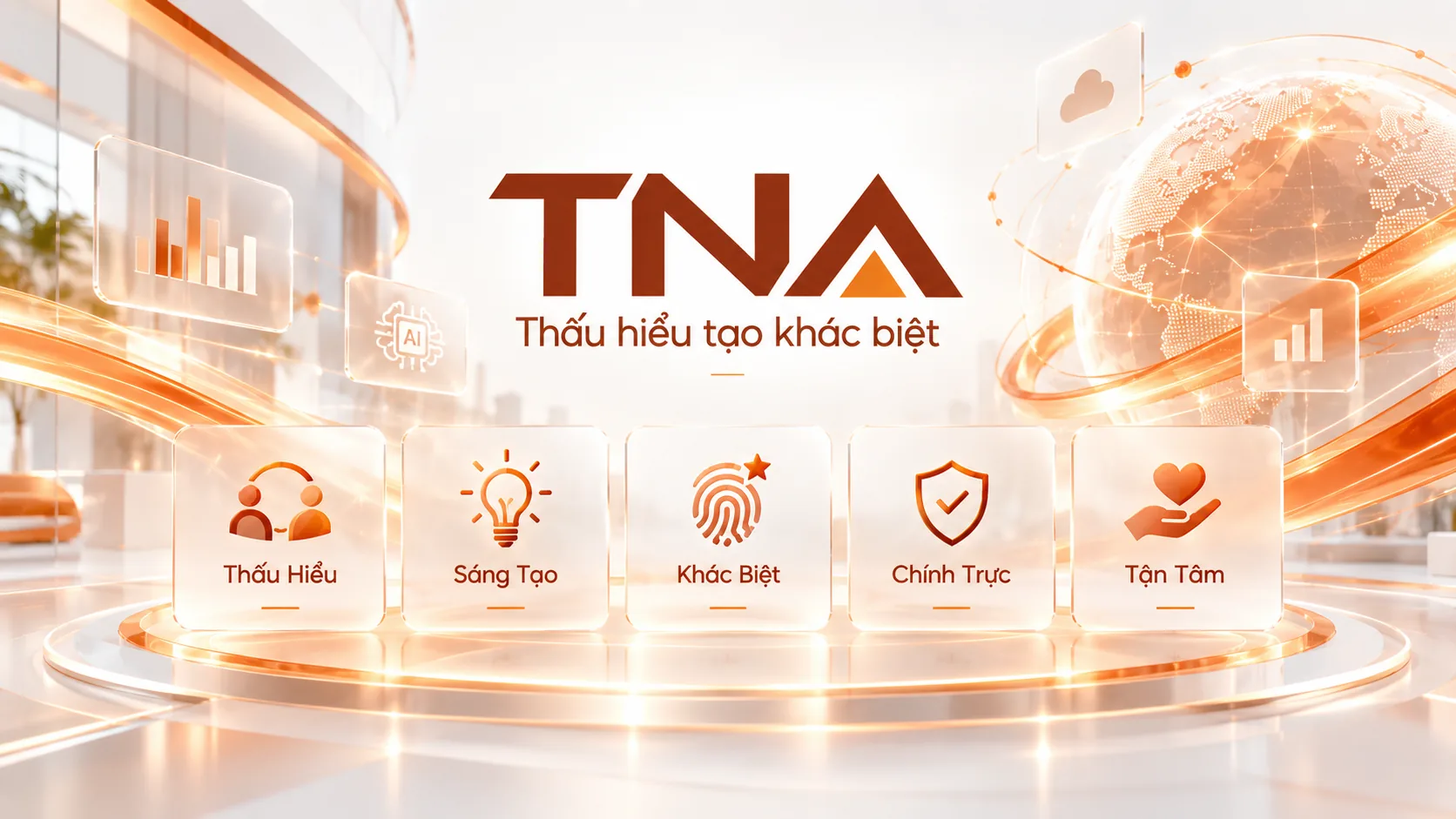 Ảnh minh họa AI — thương hiệu TNA và 5 giá trị cốt lõi: Thấu Hiểu, Sáng Tạo, Khác Biệt, Chính Trực, Tận Tâm